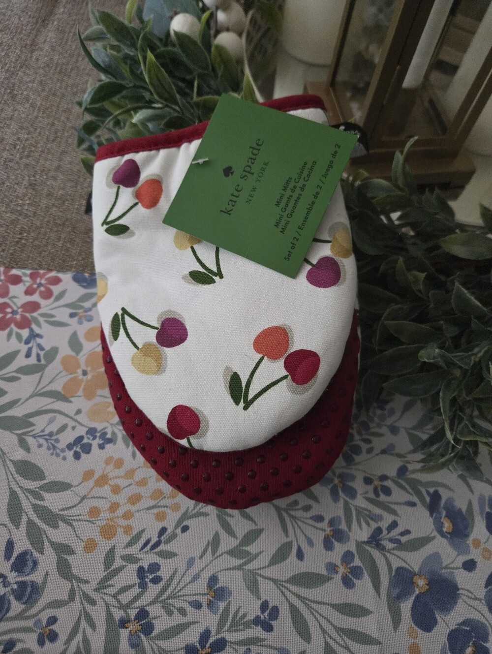 kate spade Cherry Pattern Oven Mitts in White and Red Accents
